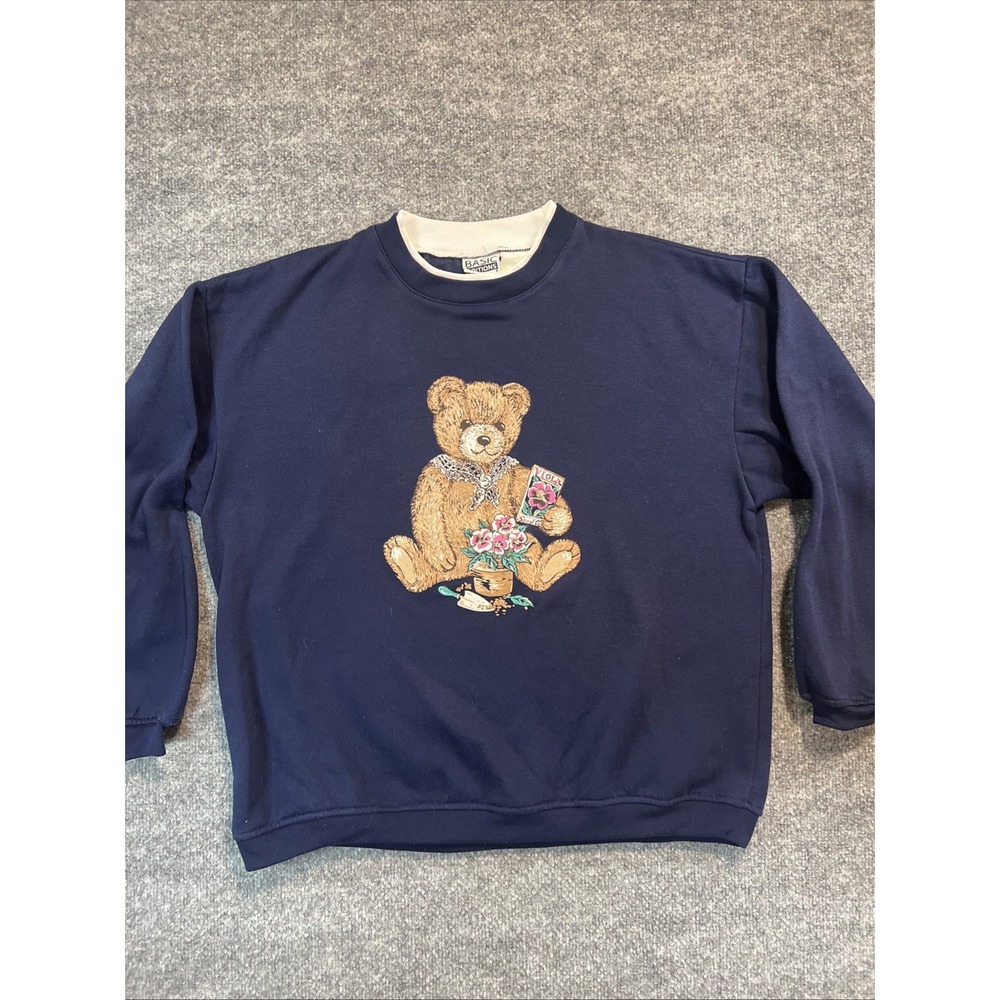 VTG 90s Basic Editions Teddy Bear Flower Graphic Sweatshirt Large Grandmacore